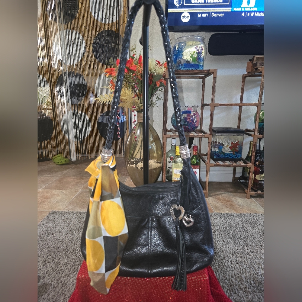 Brighton Black Leather Shoulder Bag with Silver Hardware And 2 Charms